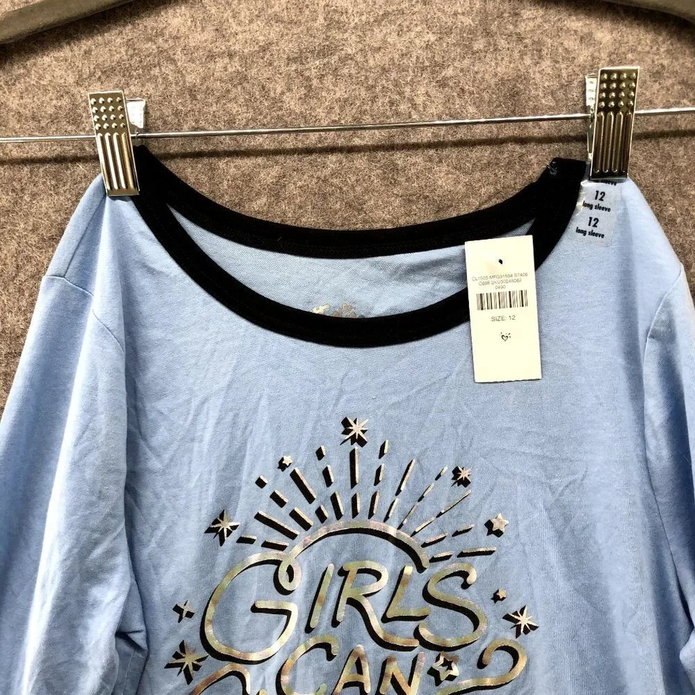 NWT Justice Girls‎ Size 12 Long Sleeve T Shirt Blue Girls Can Change The World